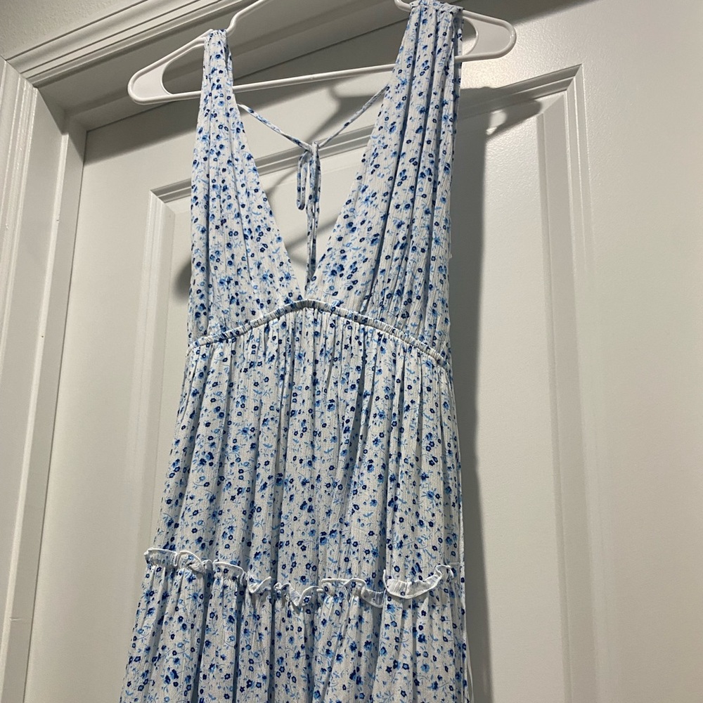 Blue and white floral print dress from red dress boutique